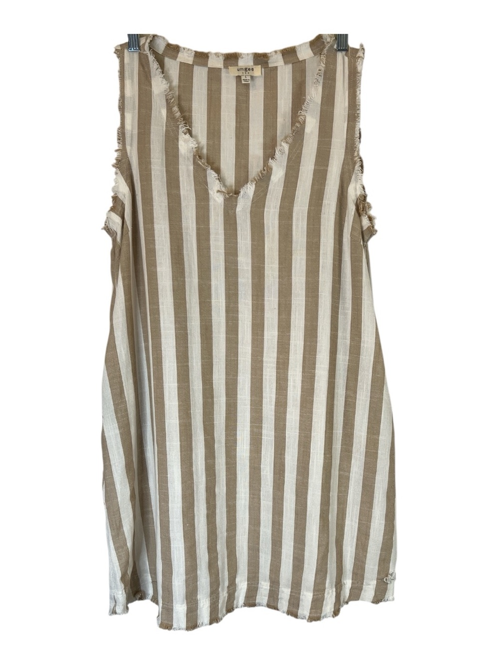 Umgee USA Linen Blend Striped Sleeveless Tunic Dress Large Boho Fringe